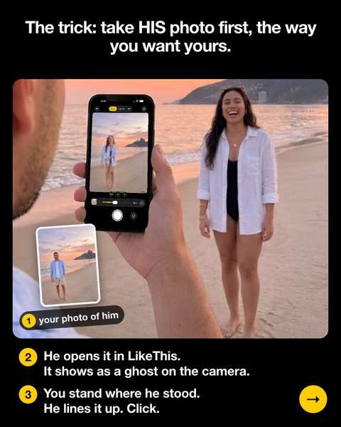 He holds the phone. The LikeThis camera shows my photo of him as a ghost, and I stand where he stood on the beach