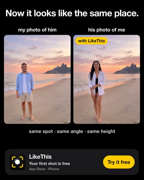 My photo of him and his photo of me on the beach: same spot, same angle, same height