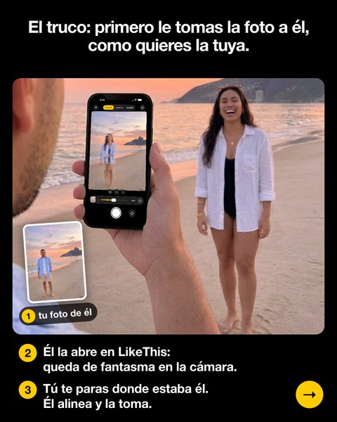La cámara de LikeThis en su teléfono: mi foto de él como fantasma, y yo me paro donde estaba él