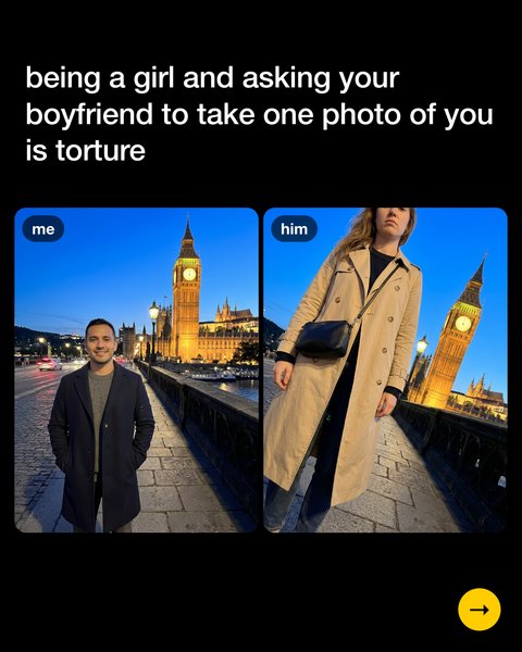 Being a girl and asking your boyfriend for one photo is torture: my photo of him at the clock tower next to his tilted photo of me