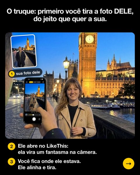A câmera do LikeThis no celular dele: minha foto dele como fantasma, e eu onde ele estava perto da torre do relógio