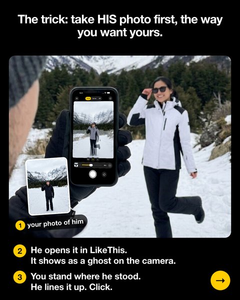 The real LikeThis camera on his phone: my photo of him as a ghost in the snow, I stand where he stood