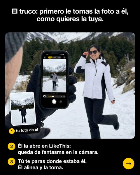La cámara de LikeThis en su teléfono: mi foto de él como fantasma en la nieve, y yo donde estaba él