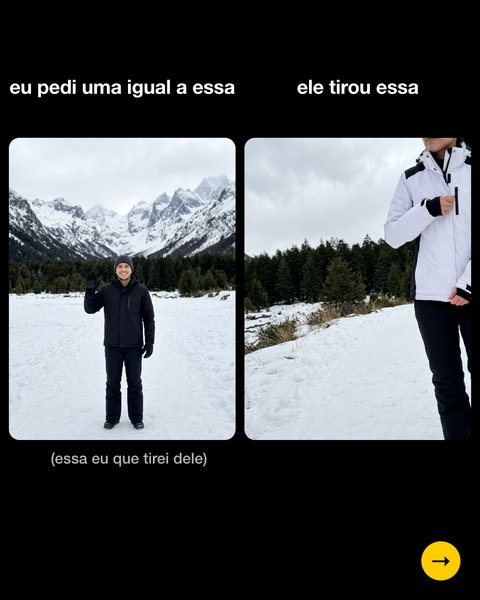Esquerda: minha foto dele na neve, de corpo inteiro com as montanhas. Direita: a foto dele de mim, muito perto e sem montanhas