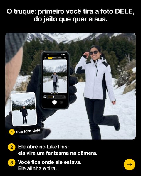 A câmera do LikeThis no celular dele: minha foto dele como fantasma na neve, e eu onde ele estava