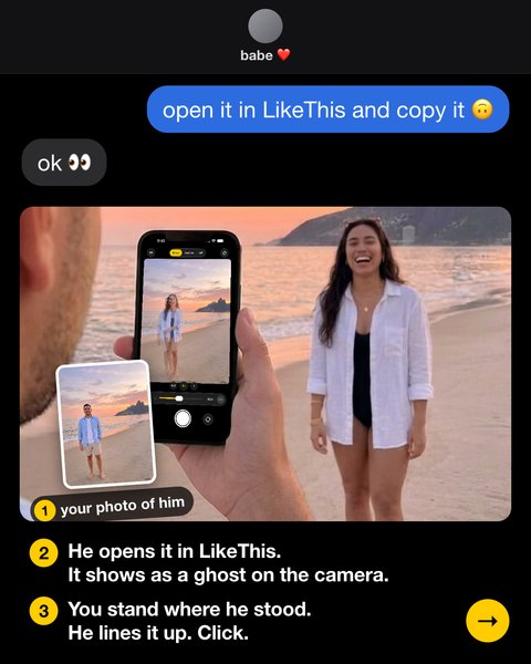 Chat: open it in LikeThis and copy it. His phone shows my photo of him as a ghost on the beach