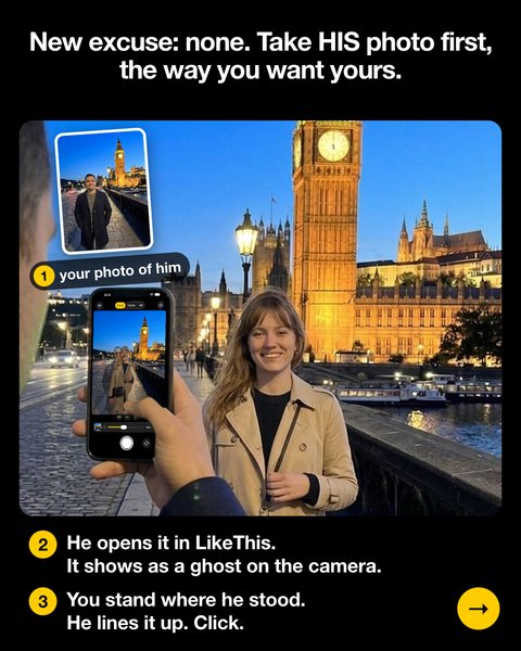 The LikeThis camera on his phone: my photo of him as a ghost by the clock tower, and I stand where he stood