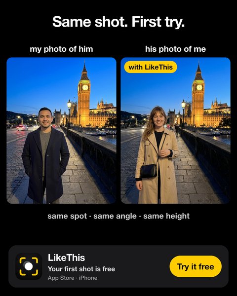 My photo of him and his photo of me: same spot, same angle, same height