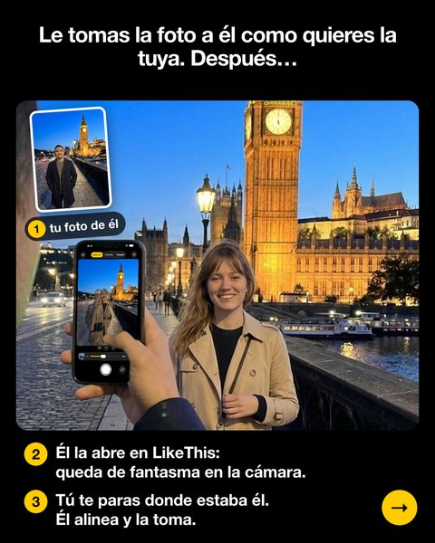 Su teléfono muestra mi foto de él como fantasma, y yo me paro donde estaba él