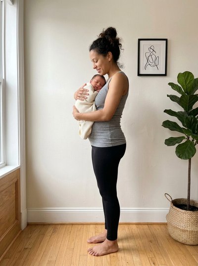A mesma mulher no mesmo lugar, com o bebê recém-nascido