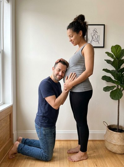 O parceiro de joelhos escuta a barriga